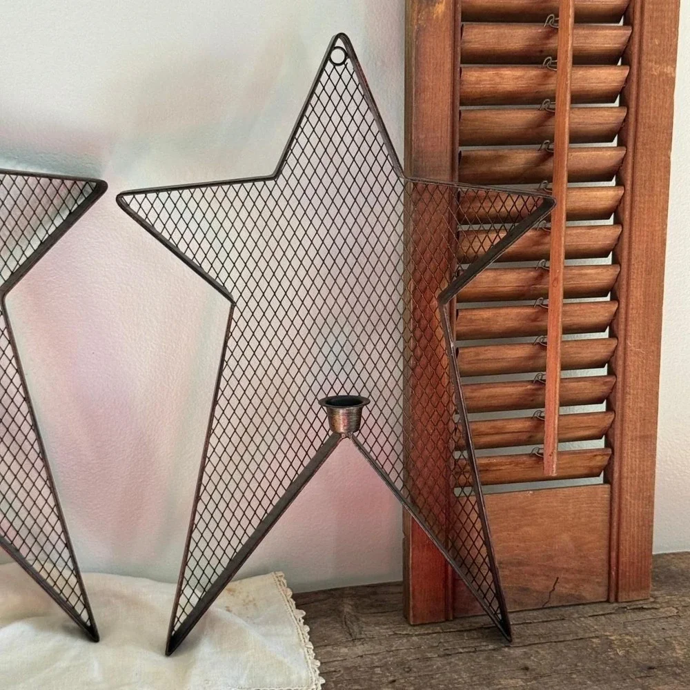 Rustic Metal Mesh Star Wall Sconce Taper Candle Holder Set Dark Bronze Primitive